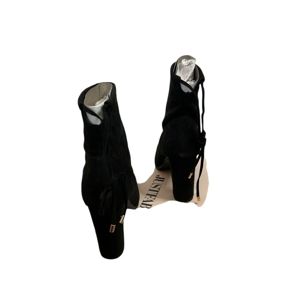 JustFab Black Fabric Raine Booties 3.25” Heel Women’s Sz 6.5 New with Box